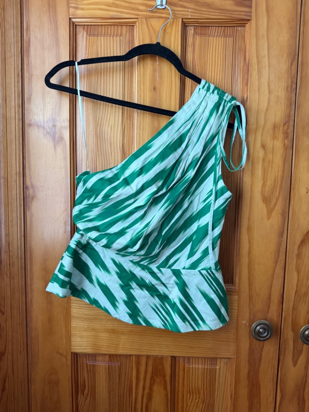 FIGUE Asymmetrical Green & White Tie-Shoulder Top